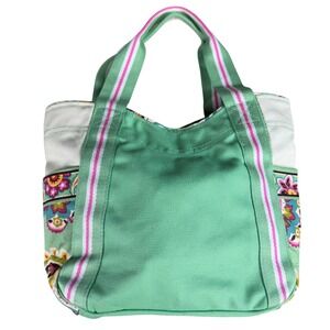 Vera Bradley Canvas Tote Bag Green Hope Garden Floral Handbag Striped Straps